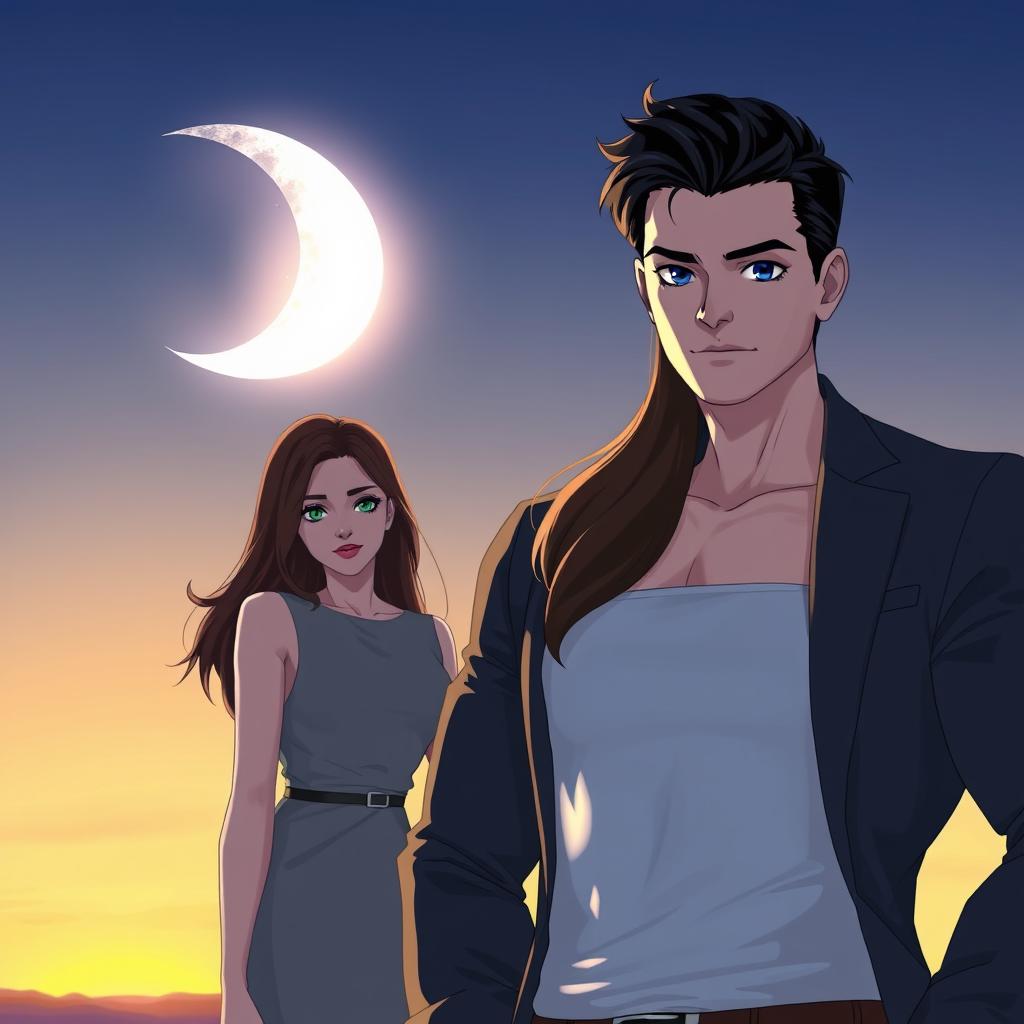 A night scene where a crescent moon is visible on one side and a bright sun on the other, creating a stunning contrast in the sky