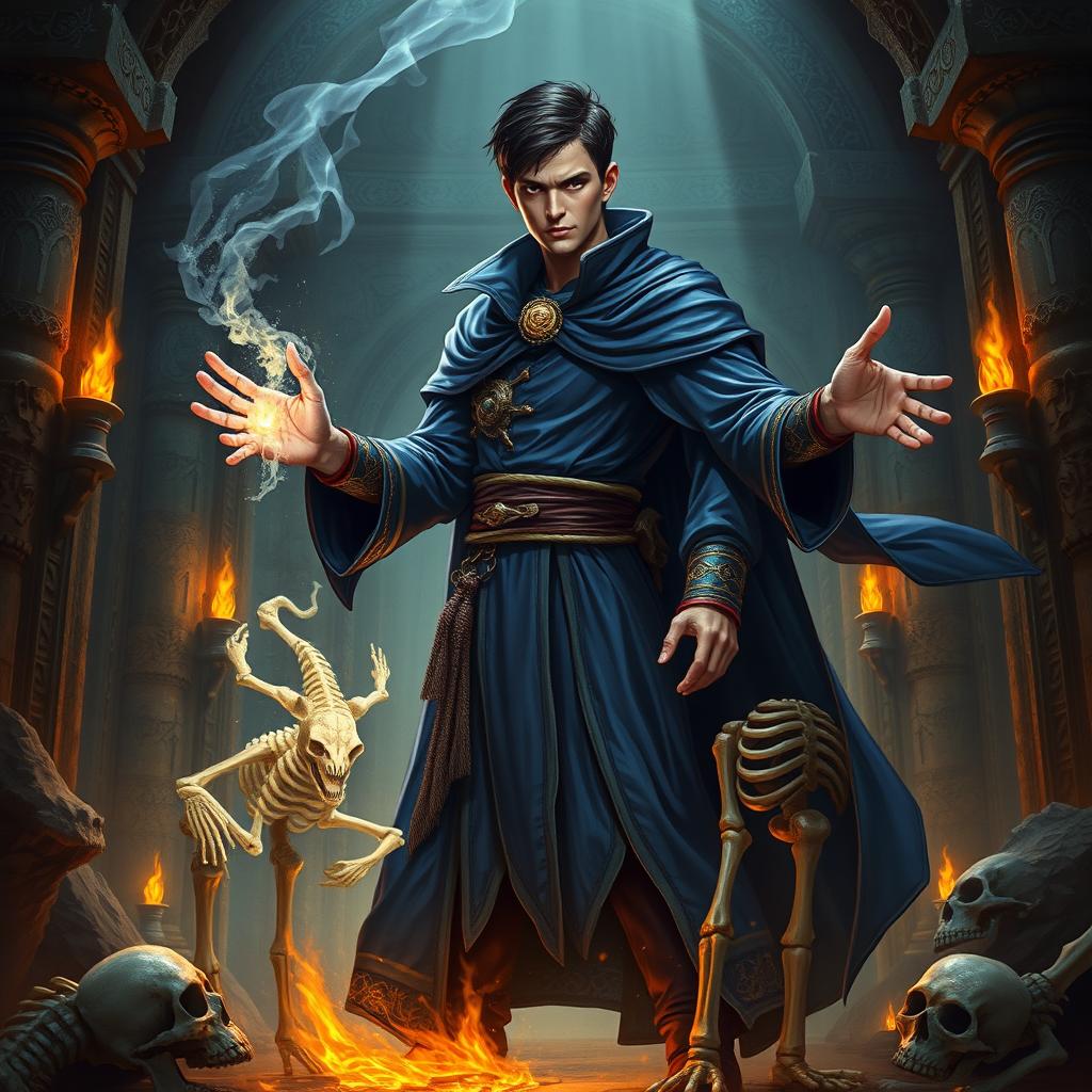 A full-body portrait of a handsome human wizard necromancer with short black hair and light black glowing eyes