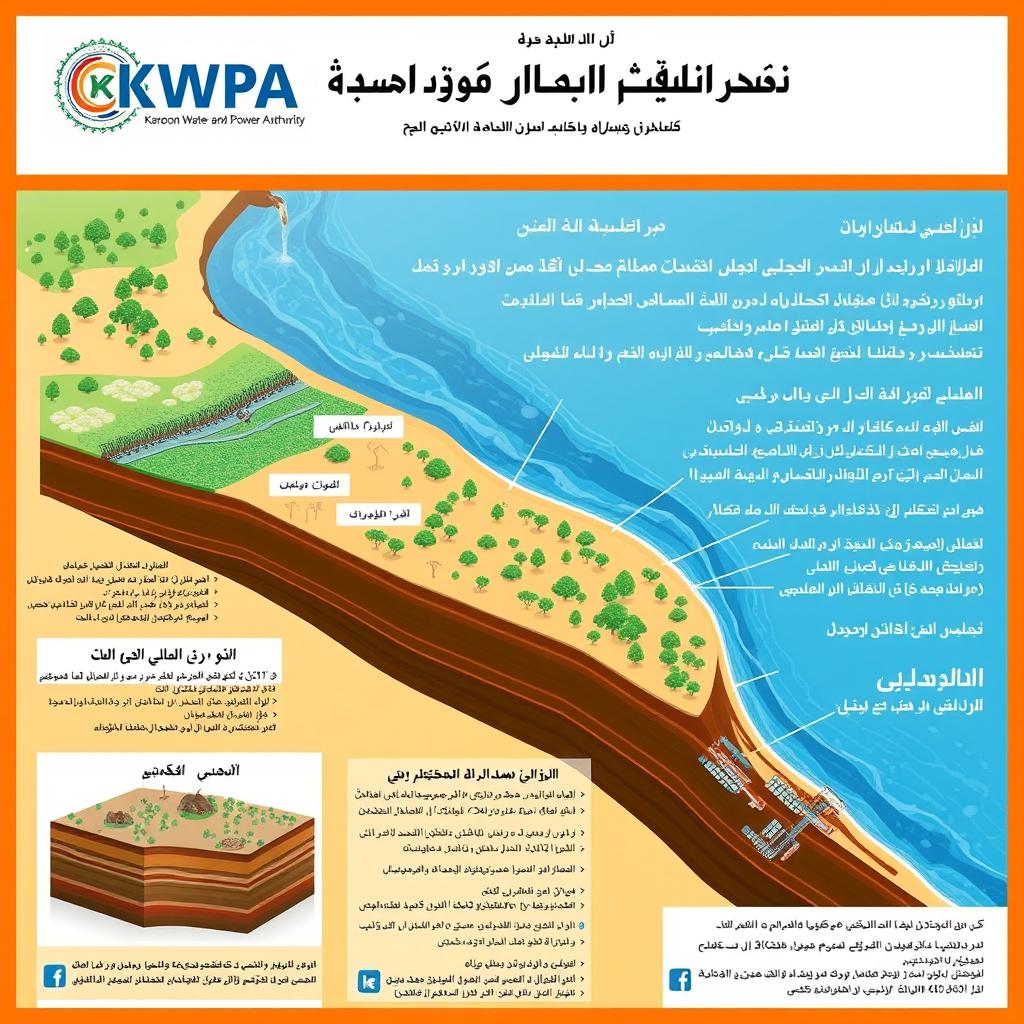An educational and detailed illustrative poster showcasing river bank erosion along the Karoon River in Ahwaz, Khuzestan