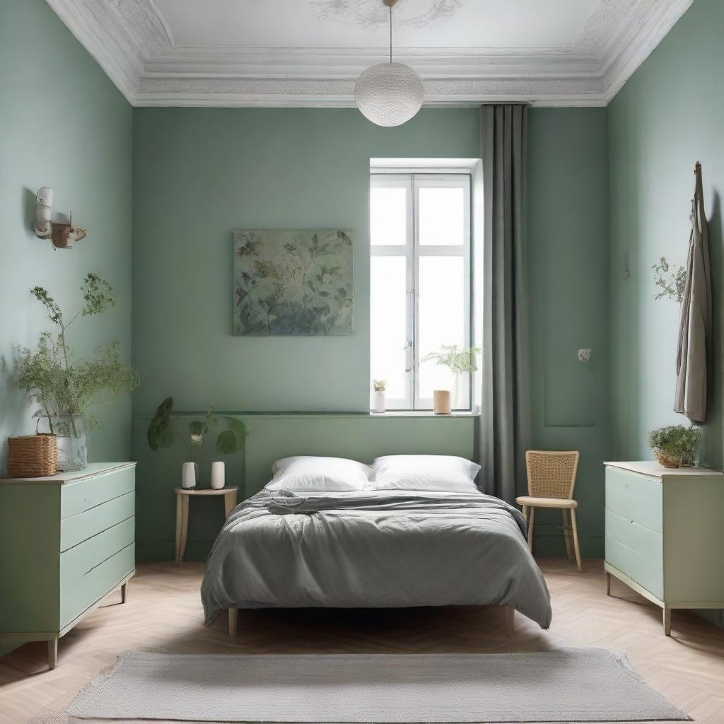 A 5.5m² bedroom with a double bed, a wardrobe, a chair and botanical elements in the paintings. It is highlighted by a tone of grayish-green.