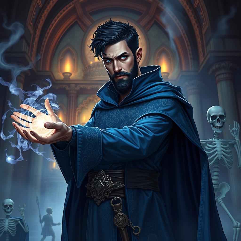 A full body depiction of a handsome male wizard necromancer, with a short beard and black hair, featuring light black glowing eyes
