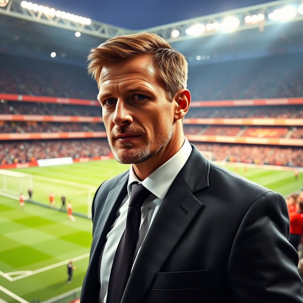 A 175 cm tall male football coach with a wheat-colored skin tone, slightly stubbled beard, dressed in a smart suit and tie, standing beside the football field at Arsenal Stadium