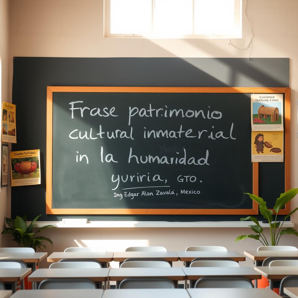 A beautiful image of a classroom blackboard filled with handwritten text that reads 'Frase patrimonio Cultural inmaterial de la humanidad Yuriria GTO, Ing Edgar Alan Zavala Díaz'