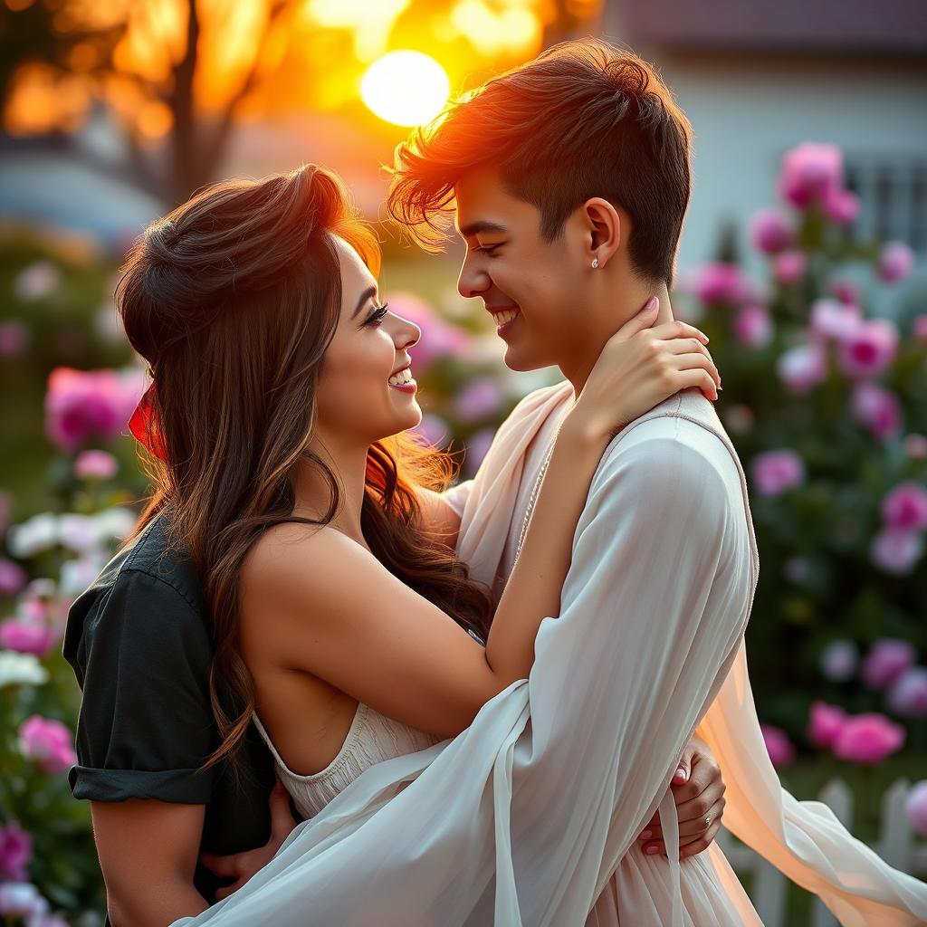A handsome young man and a beautiful woman sharing an intimate moment, exuding a sense of romance and affection