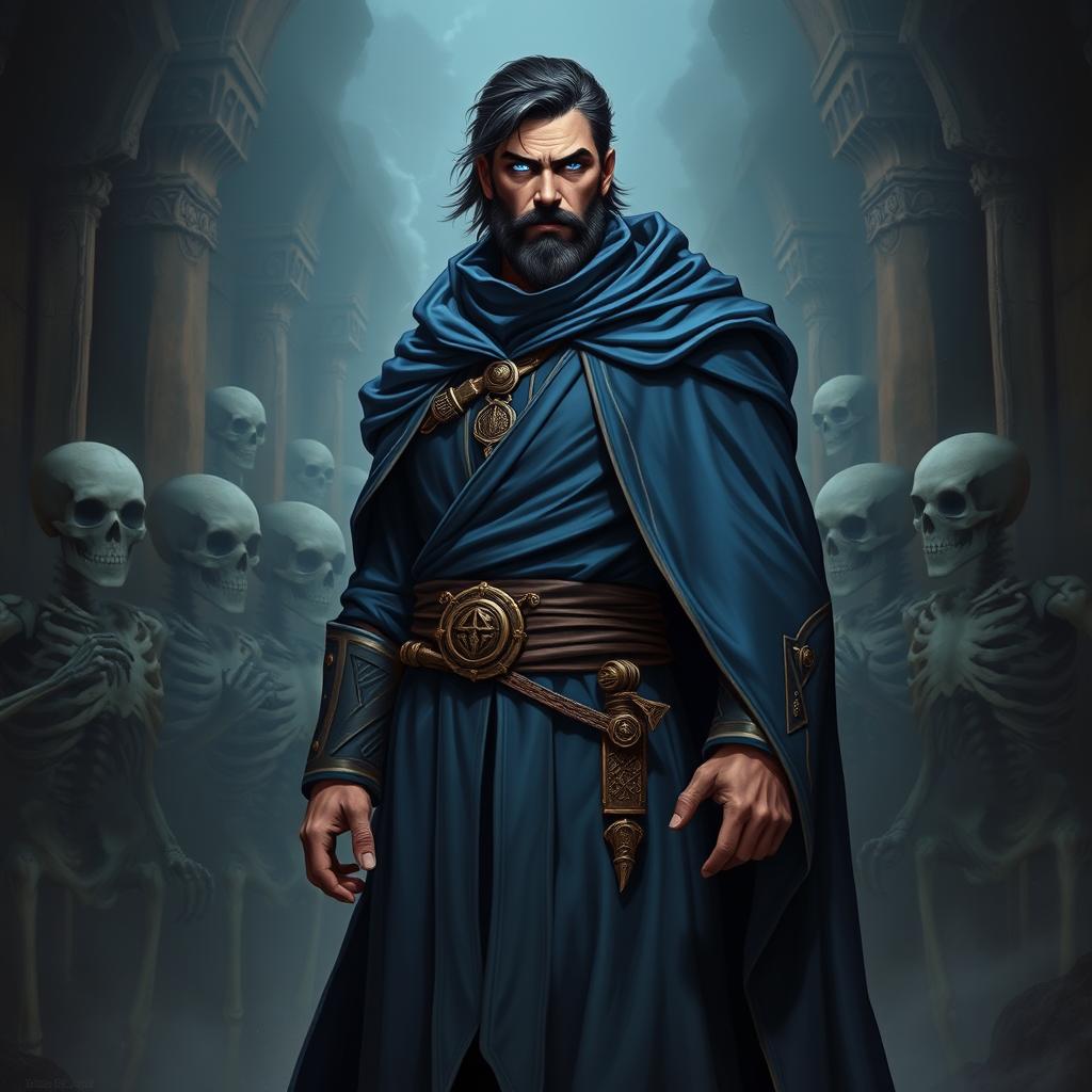 A full-body portrait of a handsome human necromancer, featuring a short beard, black hair, and light black glowing eyes
