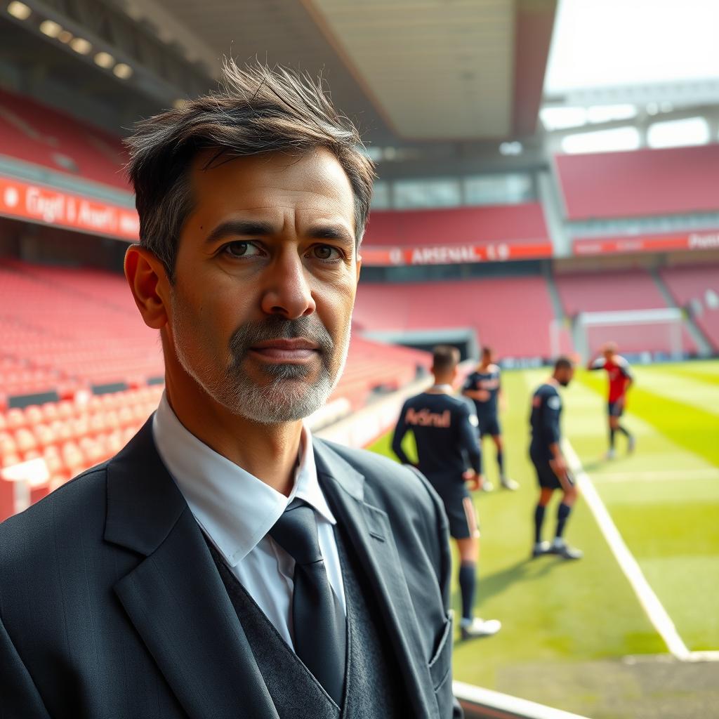A 38-year-old Iranian football coach with a slightly elongated face, standing next to the football field at Arsenal Stadium
