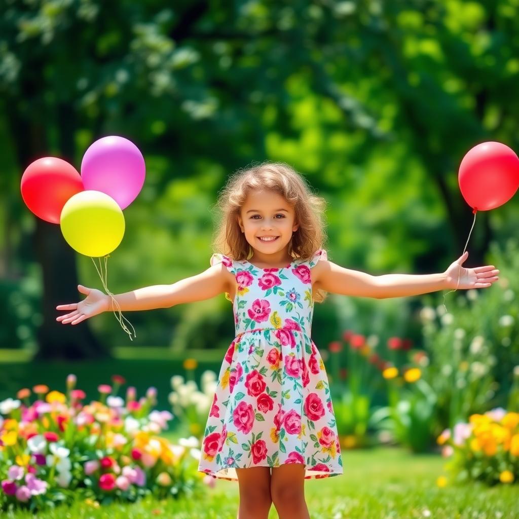 A young girl standing joyfully in a lush green park, with two additional arms gracefully added, extending from her sides