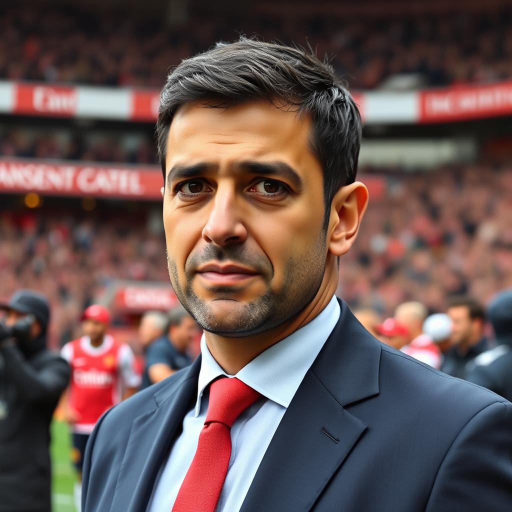 A 38-year-old Iranian male football coach of Arsenal FC, standing on the sidelines of the Arsenal stadium