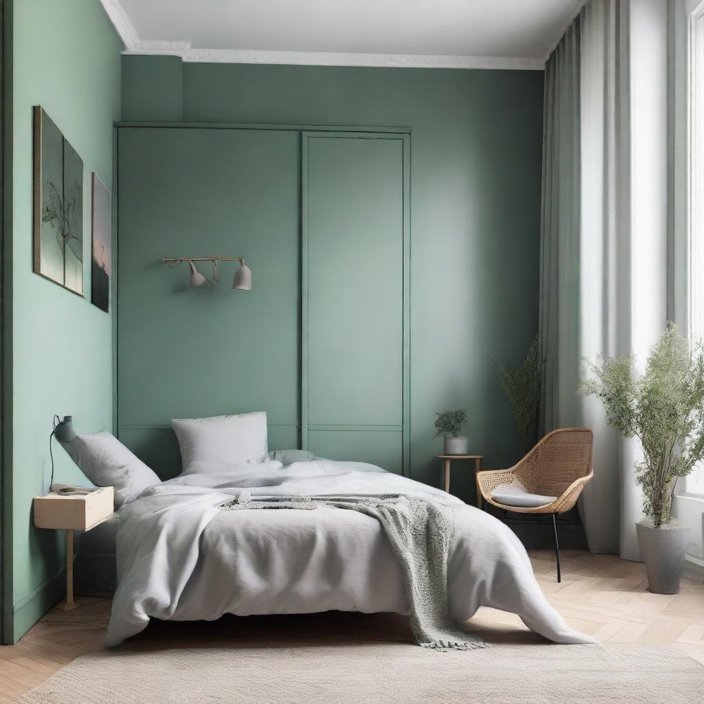 A 5.5m² bedroom with a double bed, a wardrobe, a chair and botanical elements in the paintings. It is highlighted by a tone of grayish-green.