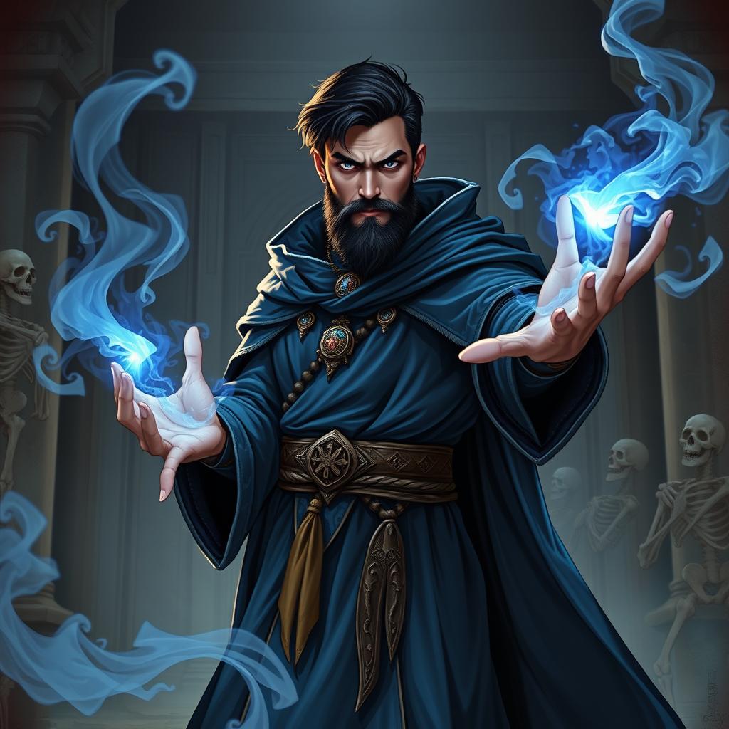 A full body portrayal of a handsome human wizard, embodying the characteristics of a necromancer