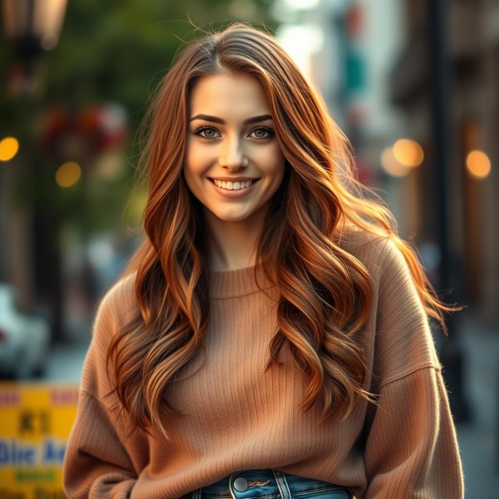 A portrait of a young woman with long, wavy chestnut hair, vibrant brown eyes, and a warm smile