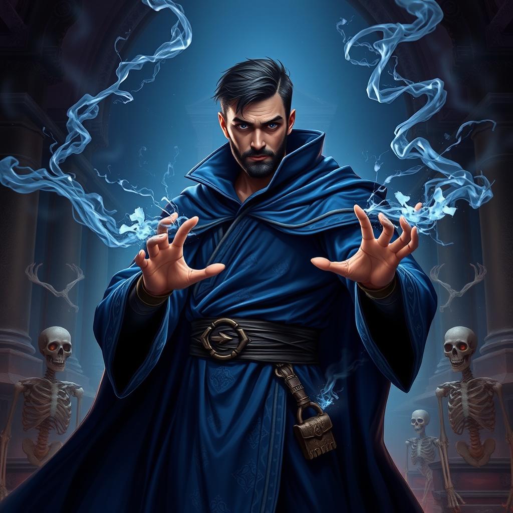 A full-body portrait of a handsome wizard necromancer in a dynamic pose