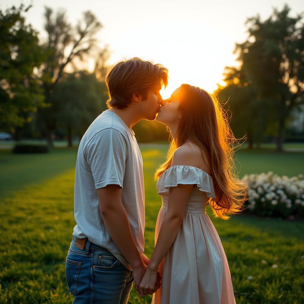A romantic scene between a young couple sharing a gentle kiss under a serene sunset