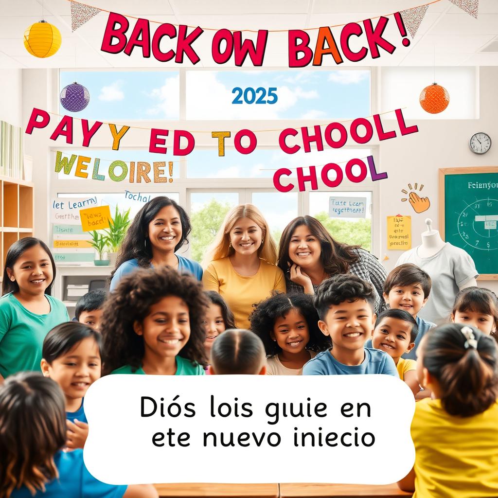 A joyful back-to-school scene for 2025 featuring enthusiastic teachers welcoming students