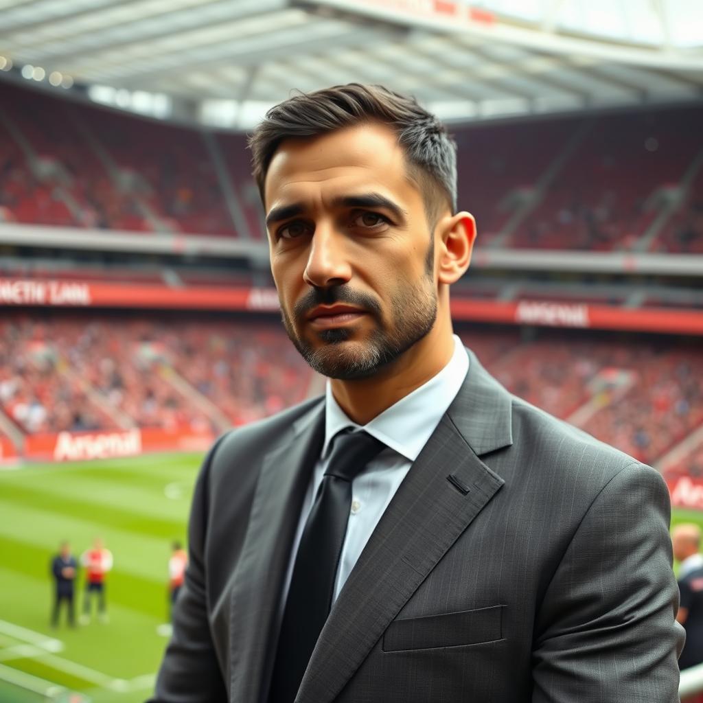 A 38-year-old Iranian football coach standing on the sidelines of Arsenal Stadium