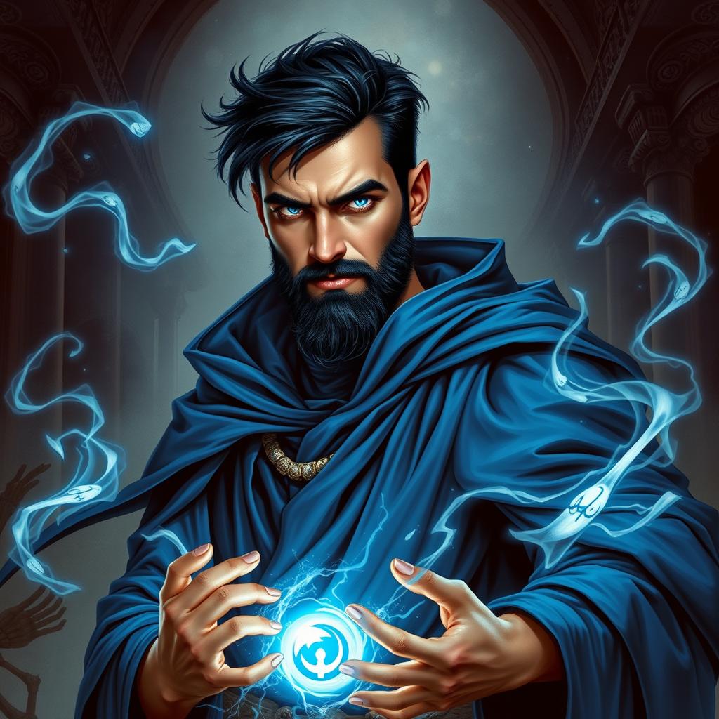 A full body portrait of a handsome human necromancer, showcasing a short beard and striking black hair