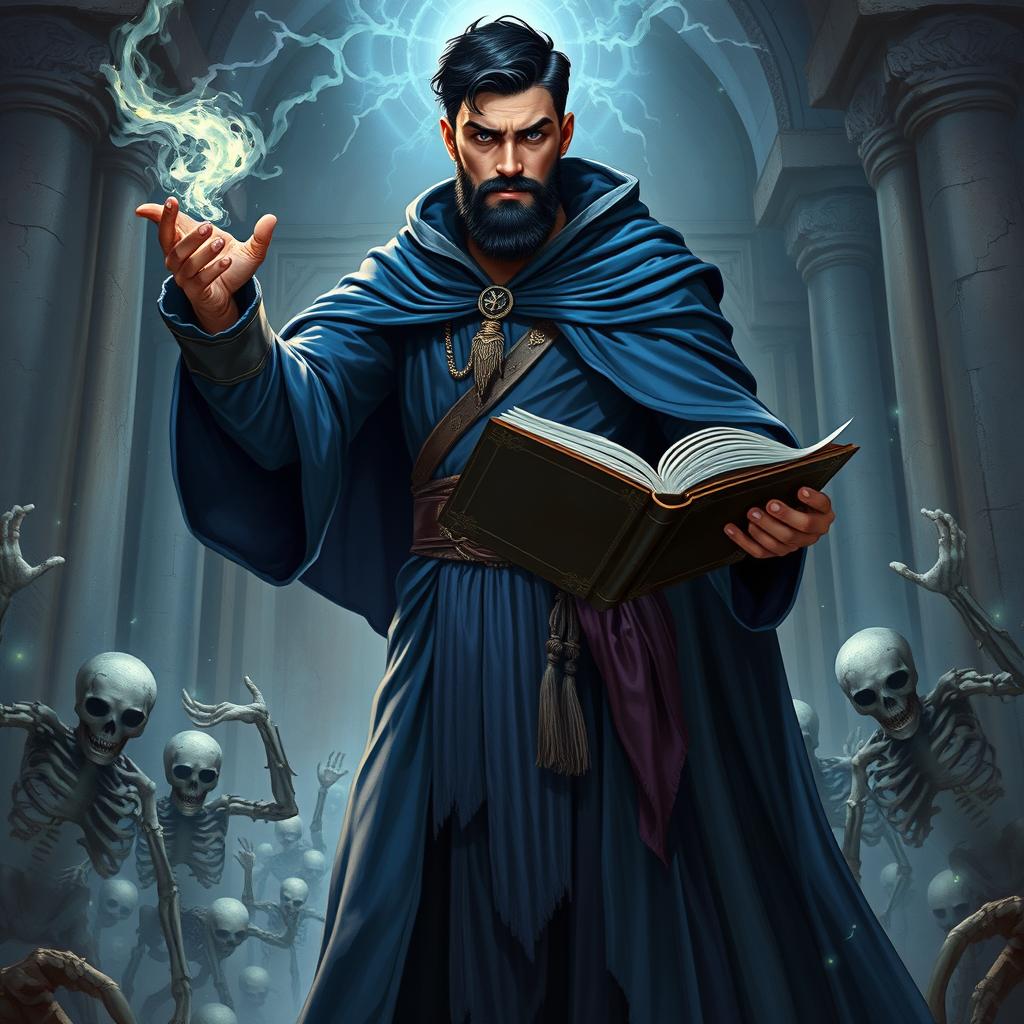 A full-body depiction of a handsome human wizard necromancer, featuring a short beard and black hair