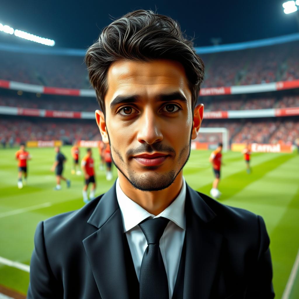 An Iranian male football coach age 38, 175 cm tall and 75 kg, with a wheatish complexion, standing by the field of the Arsenal Stadium