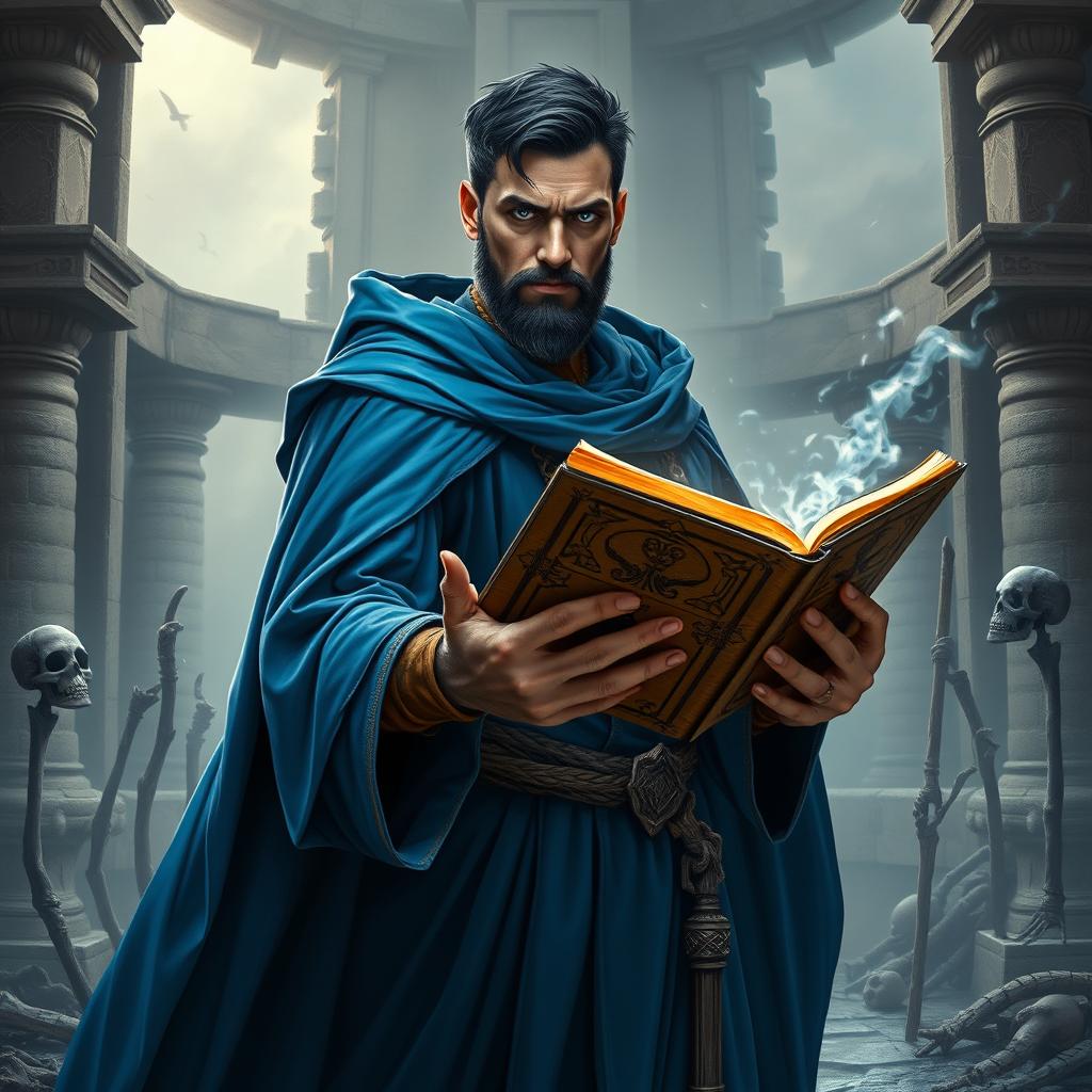 A full-body portrait of a handsome human wizard, embodying the theme of a necromancer