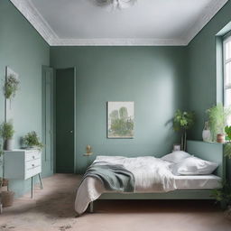 A 5.5m² bedroom with a double bed, a wardrobe, a chair and botanical elements in the paintings. It is highlighted by a tone of grayish-green.