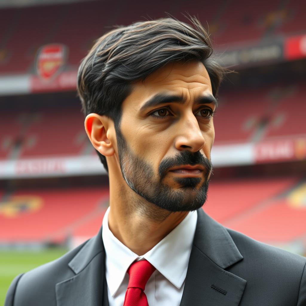 A 38-year-old Iranian man, slightly elongated face with fewer wrinkles and a youthful appearance, standing by the sidelines of the Emirates Stadium as a football coach for Arsenal