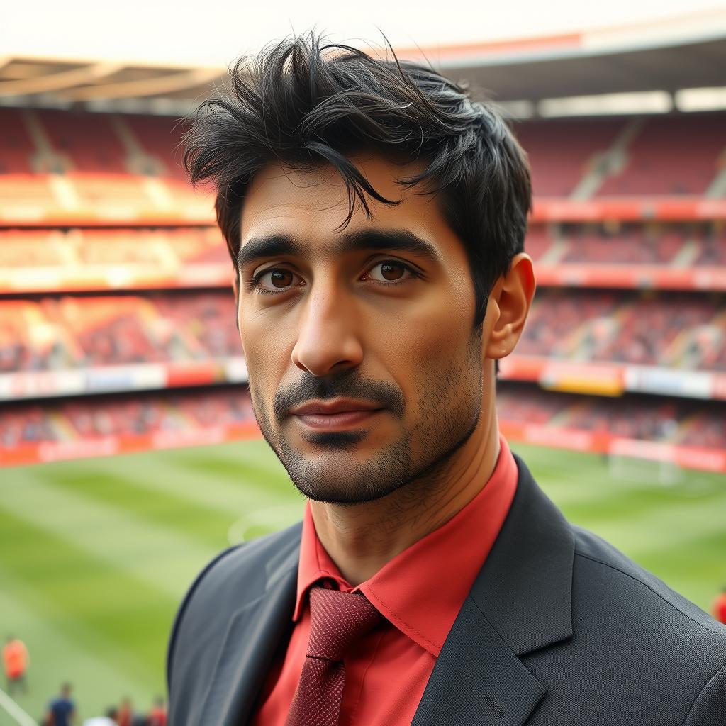A 38-year-old Iranian male football coach for Arsenal, standing beside the pitch in the Arsenal stadium