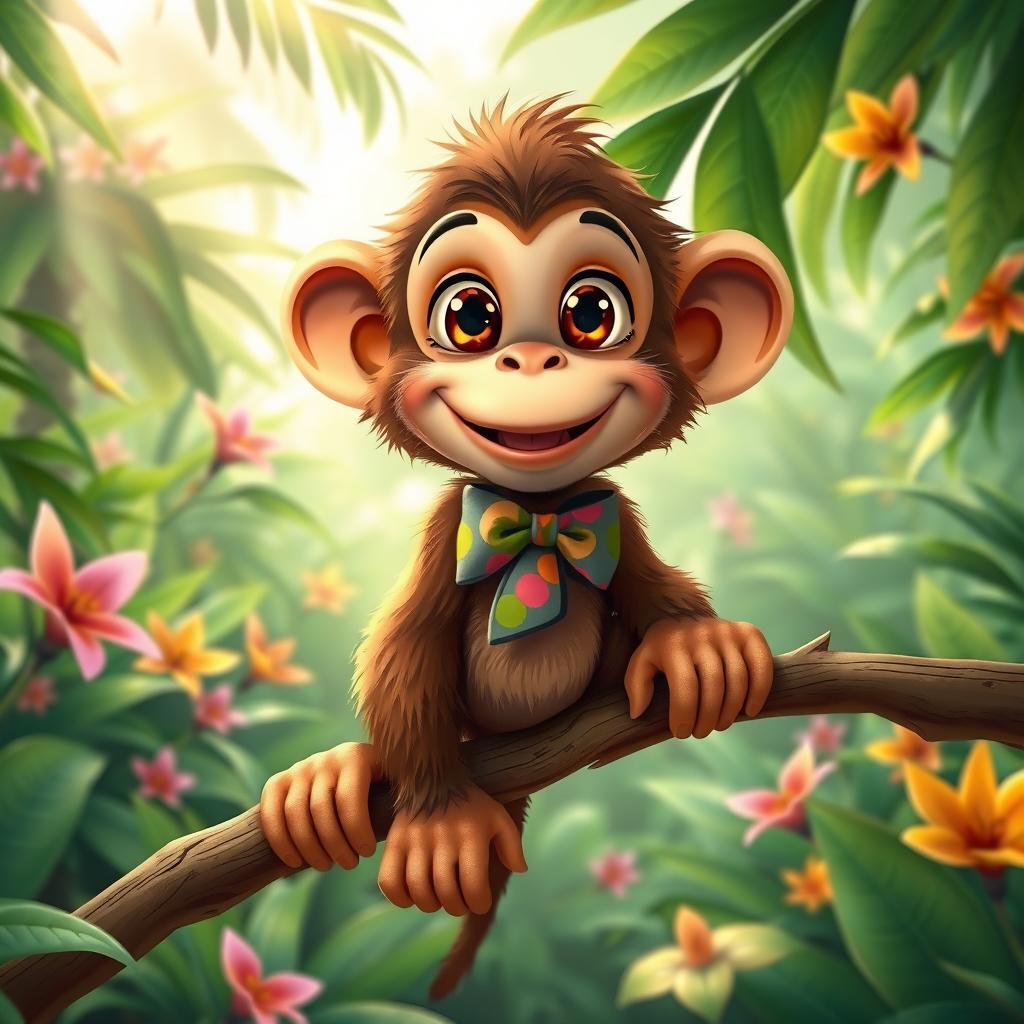 A whimsical monkey wearing a stylish cravat, sitting playfully on a branch in a lush tropical rainforest