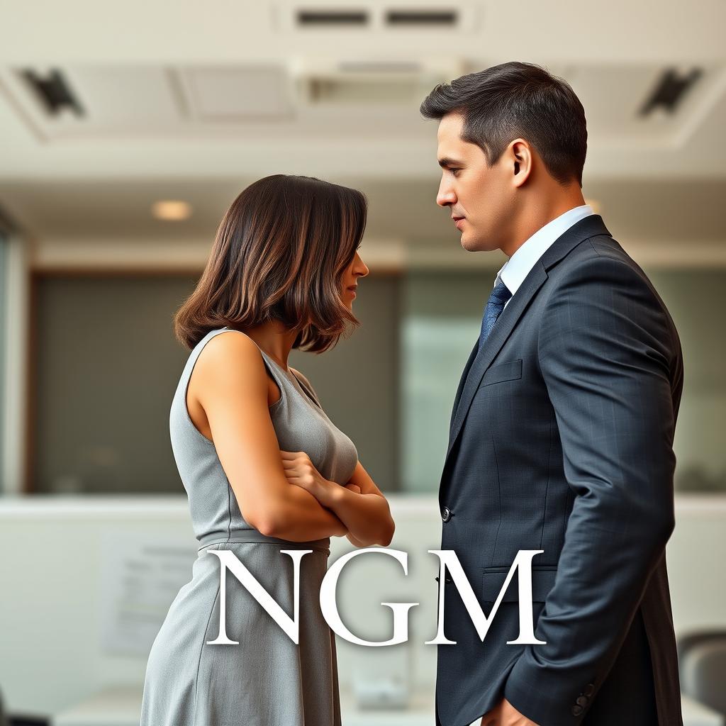 A romantic book cover featuring a beautiful 24-year-old woman with medium-length hair wearing a simple, elegant dress, standing confidently against a backdrop that suggests an office setting