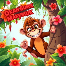 A vibrant illustration of an 'Okan Buruk Maymun', which translates to 'bad monkey' in Turkish, depicted as a mischievous monkey with an expressive face, playful demeanor, and exaggerated features