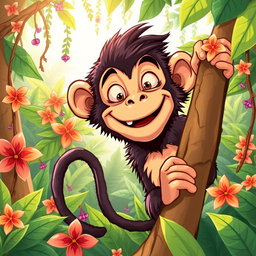 A vibrant illustration of an 'Okan Buruk Maymun', which translates to 'bad monkey' in Turkish, depicted as a mischievous monkey with an expressive face, playful demeanor, and exaggerated features