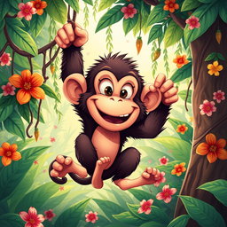 A vibrant illustration of an 'Okan Buruk Maymun', which translates to 'bad monkey' in Turkish, depicted as a mischievous monkey with an expressive face, playful demeanor, and exaggerated features