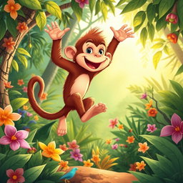 A whimsical illustration of an 'Okan Buruk Maymun', a mischievous monkey that transforms into a playful creature with an expressive, cheeky face