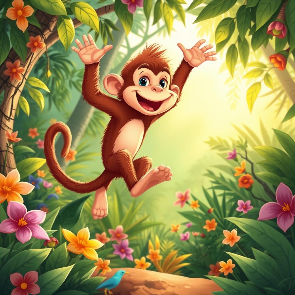 A whimsical illustration of an 'Okan Buruk Maymun', a mischievous monkey that transforms into a playful creature with an expressive, cheeky face