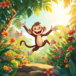 A whimsical illustration of an 'Okan Buruk Maymun', a mischievous monkey that transforms into a playful creature with an expressive, cheeky face