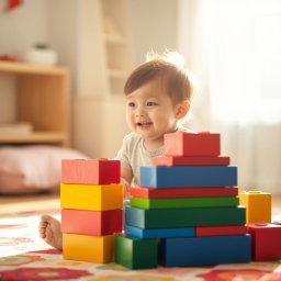 A joyful scene of a toddler sitting on a colorful rug, playing with large rectangular building blocks stacked high