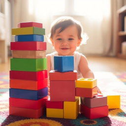 A joyful scene of a toddler sitting on a colorful rug, playing with large rectangular building blocks stacked high