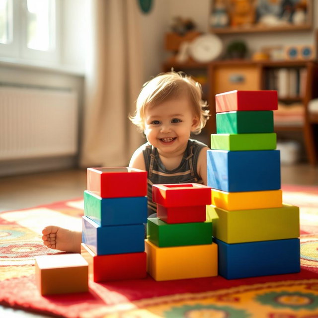 A joyful scene of a toddler sitting on a colorful rug, playing with large rectangular building blocks stacked high