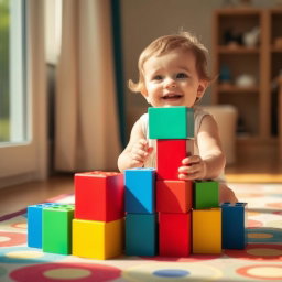 A joyful scene of a toddler sitting on a colorful rug, playing with large rectangular building blocks stacked high