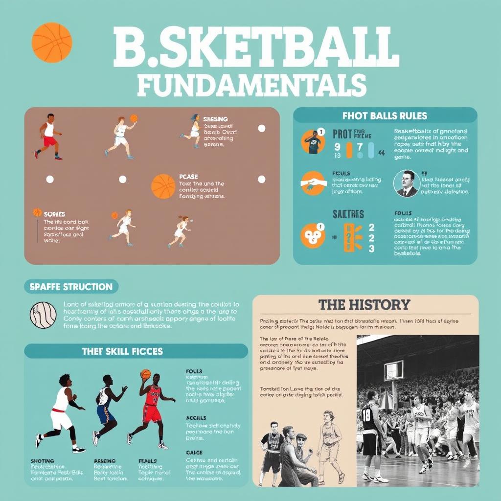 An infographic showcasing basketball fundamentals, including basic skills such as dribbling, shooting, passing, and defense techniques, alongside key rules of the game such as fouls, scoring, and game structure