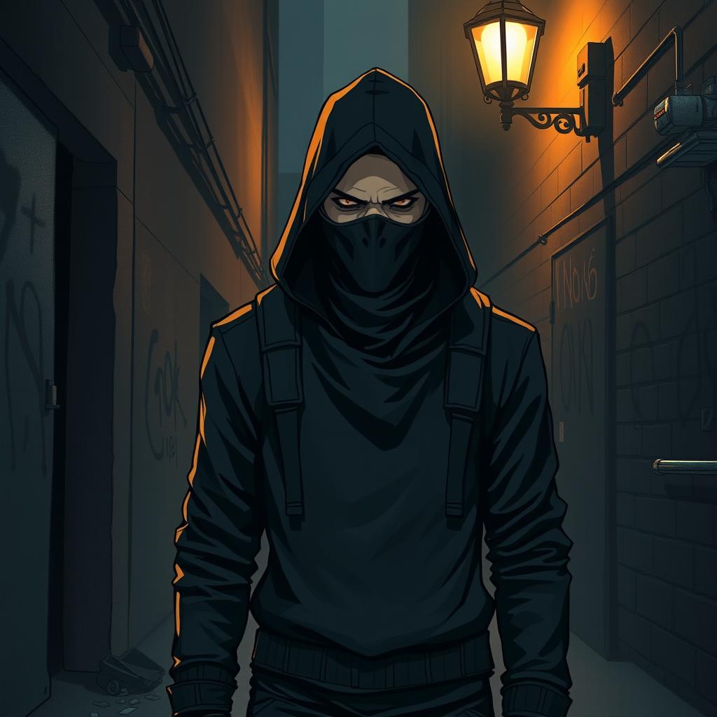 A striking illustration of a mysterious masked figure standing in a dimly lit alleyway