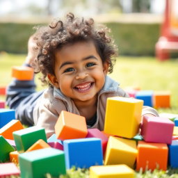 A joyful and extremely beautiful child playing with large, colorful rectangular blocks scattered in a playful, haphazard manner