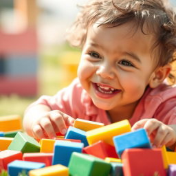A joyful and extremely beautiful child playing with large, colorful rectangular blocks scattered in a playful, haphazard manner