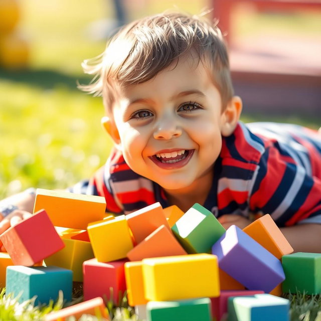 A joyful and extremely beautiful child playing with large, colorful rectangular blocks scattered in a playful, haphazard manner