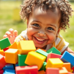 A joyful and extremely beautiful child playing with large, colorful rectangular blocks scattered in a playful, haphazard manner