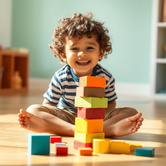 A joyful boy with curly hair sitting on the floor, enthusiastically playing with a large, colorful rectangular block
