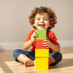 A joyful boy with curly hair sitting on the floor, enthusiastically playing with a large, colorful rectangular block