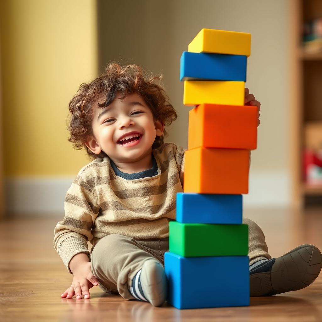 A joyful boy with curly hair sitting on the floor, enthusiastically playing with a large, colorful rectangular block