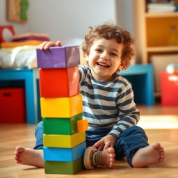 A joyful boy with curly hair sitting on the floor, enthusiastically playing with a large, colorful rectangular block