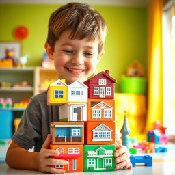 A cheerful young boy engrossed in playing with colorful building blocks stacked on top of each other