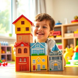 A cheerful young boy engrossed in playing with colorful building blocks stacked on top of each other